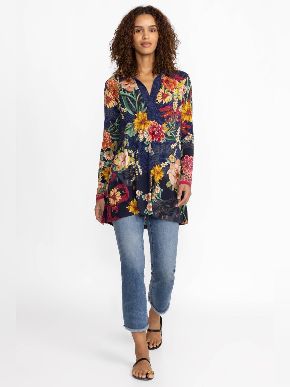 Johnny Was The Janie Favorite Long Sleeve Polo Swing Tunic in Blue Floral XXS - Picture 4 of 10